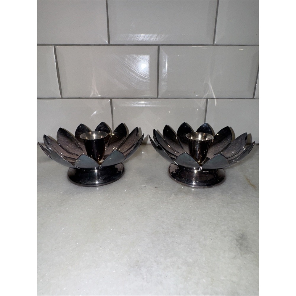 Set Of 2 Vintage Candle Holders- Silver Plate-Reed & Barton Lotus FlowerGW995